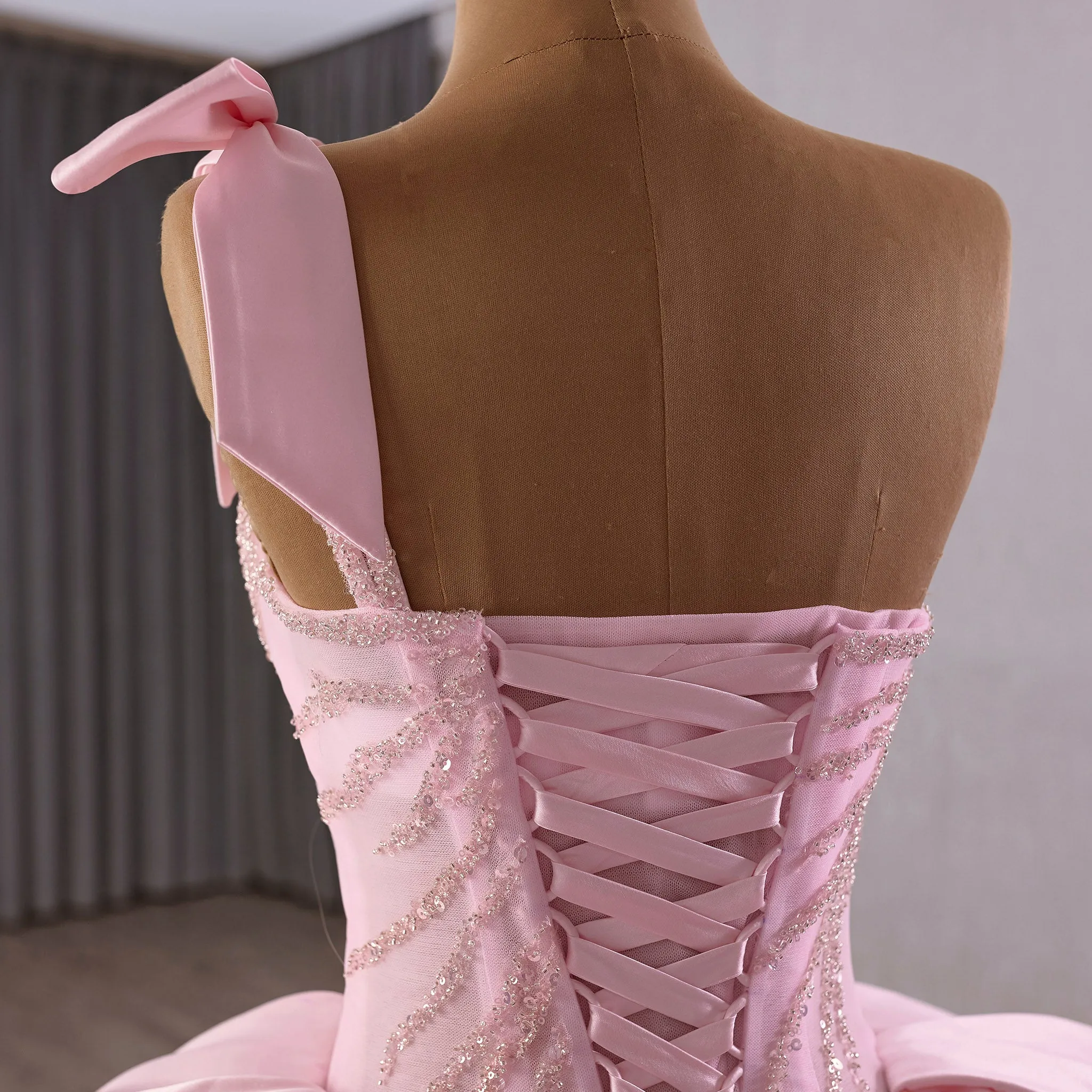 Pink One Shoulder Asymmetrical Neckline Quinceanera Dresses