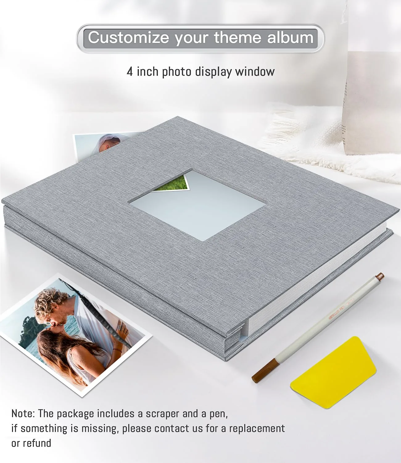 Popotop Linen Cover Photo Album with Picture Display Window, Scraper & Metallic Pen