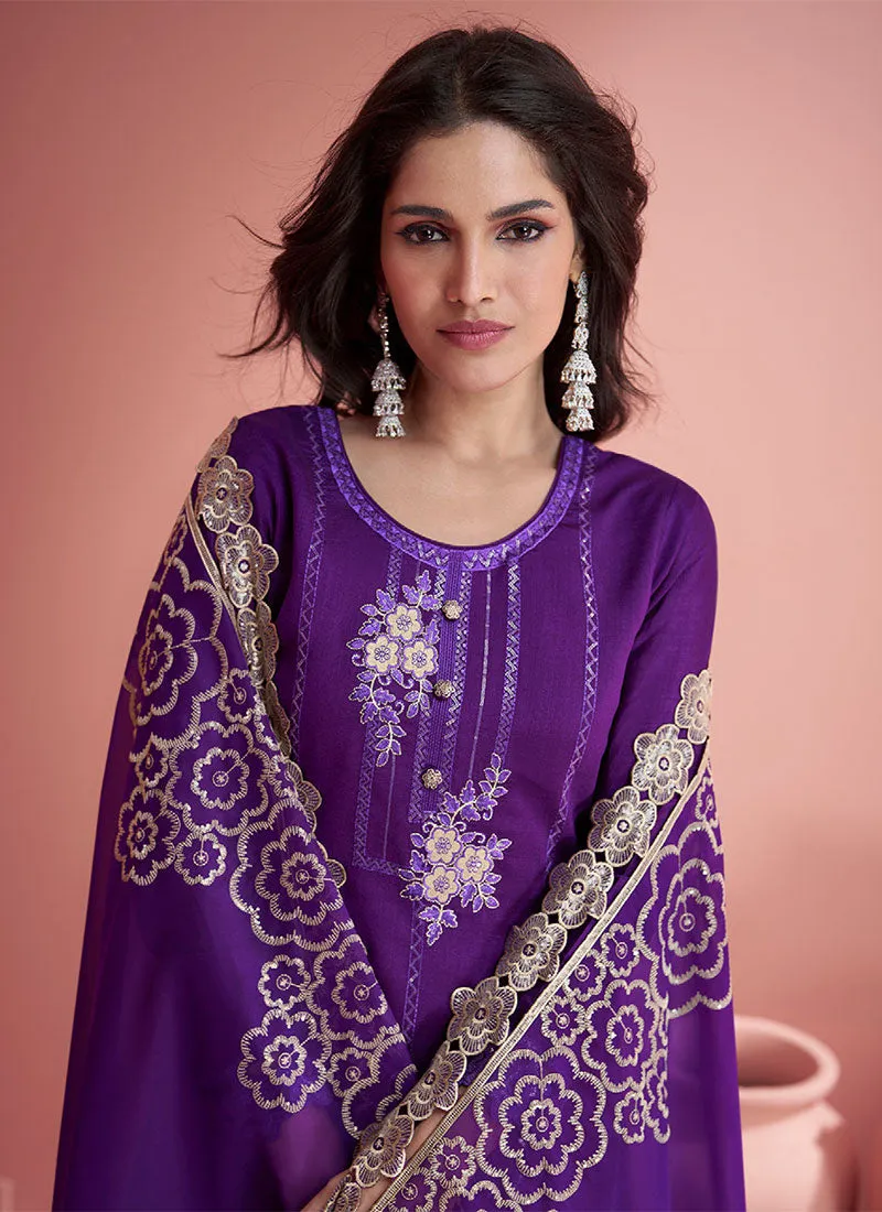 Purple Embroidery Silk Palazzo Suit