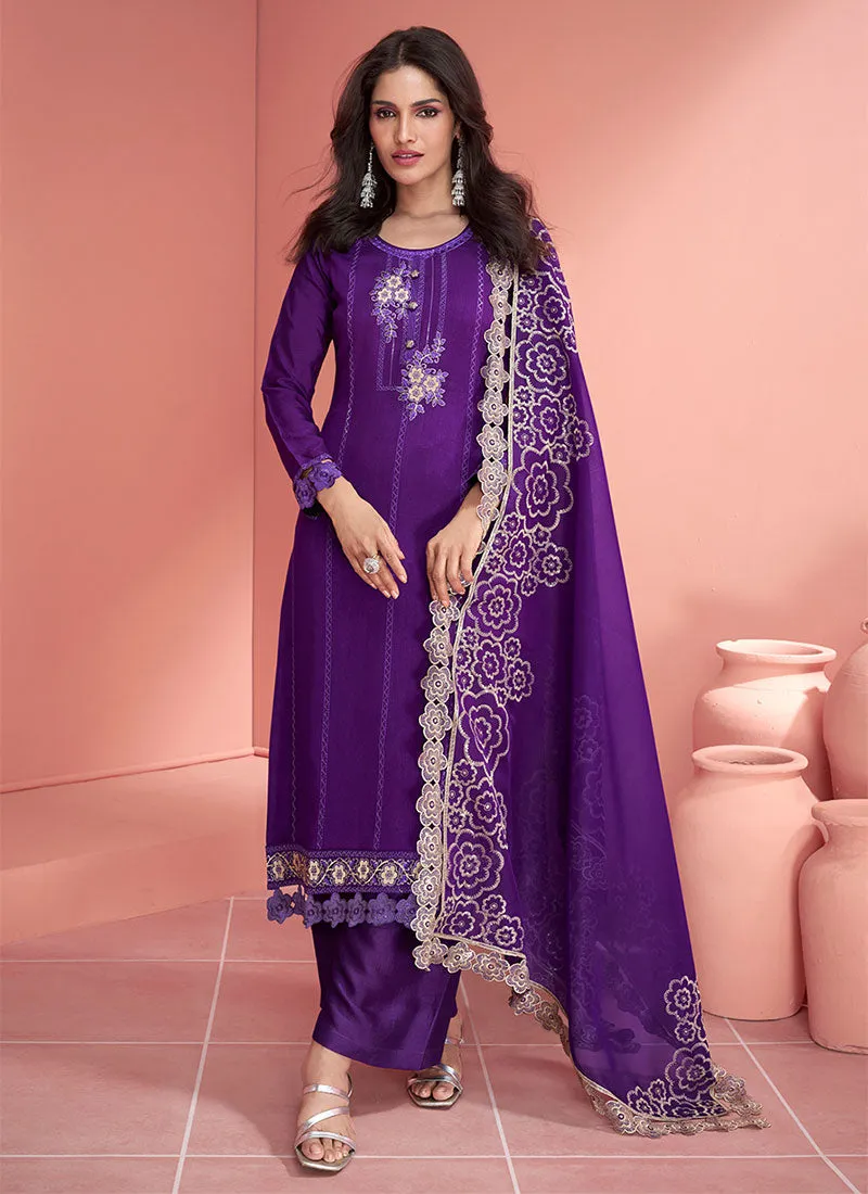 Purple Embroidery Silk Palazzo Suit