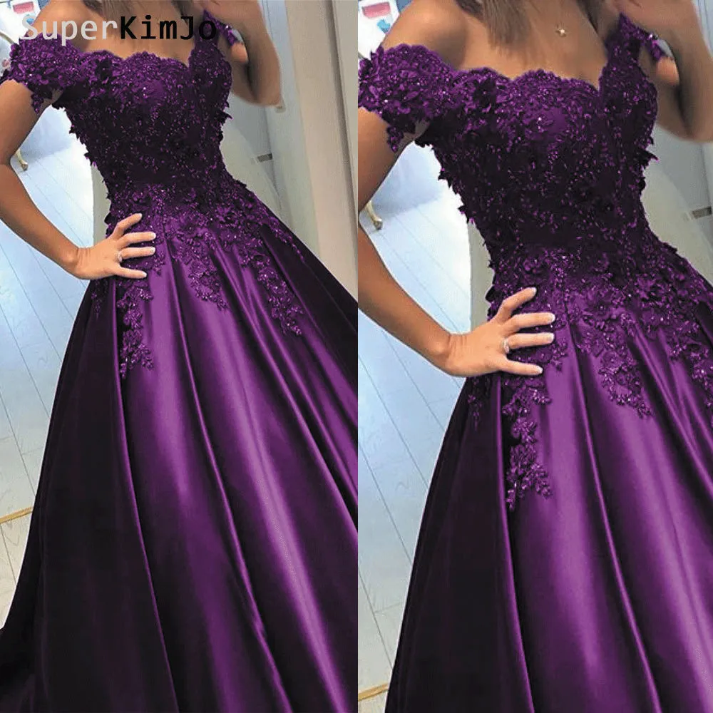 purple prom dresses 2020 off the shoulder lace appliqué satin beaded elegant prom gown long