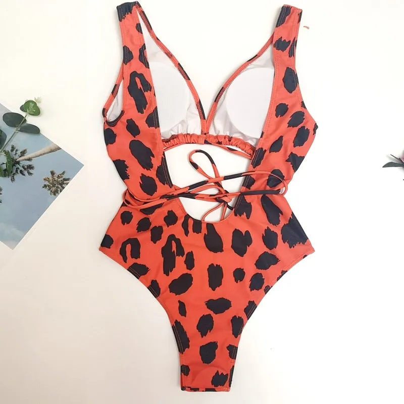 Red leopard swimsuit one piece Bandage sexy bikini Push up