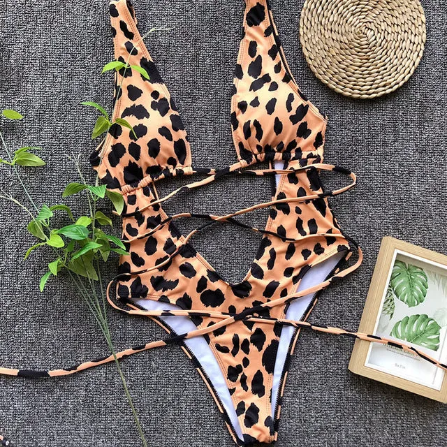 Red leopard swimsuit one piece Bandage sexy bikini Push up