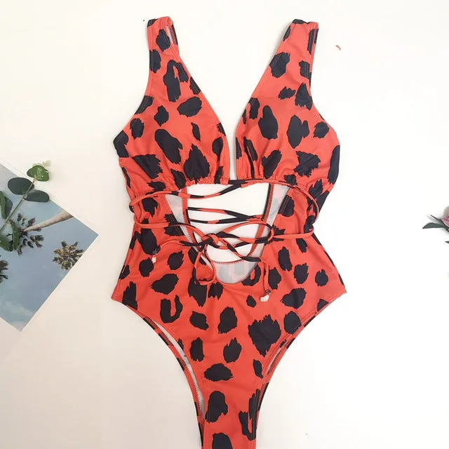 Red leopard swimsuit one piece Bandage sexy bikini Push up