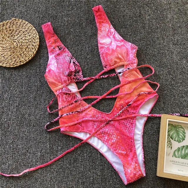 Red leopard swimsuit one piece Bandage sexy bikini Push up