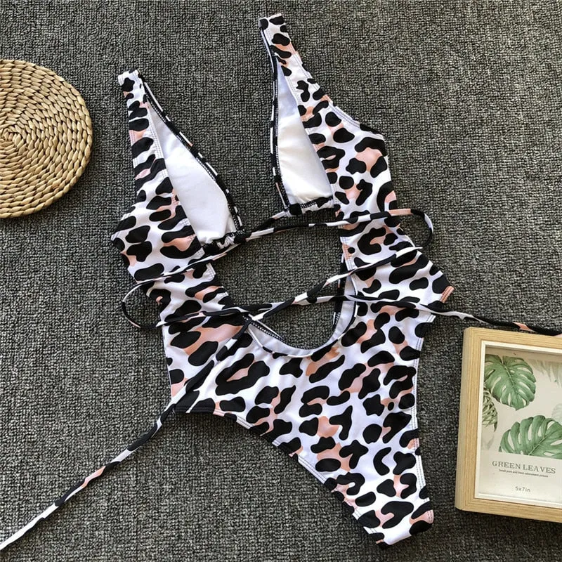 Red leopard swimsuit one piece Bandage sexy bikini Push up