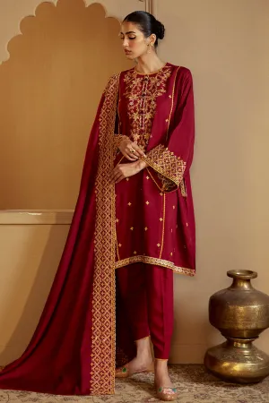 REGAL ROSEWOOD-3 PC LINEN EMBROIDERED SUIT