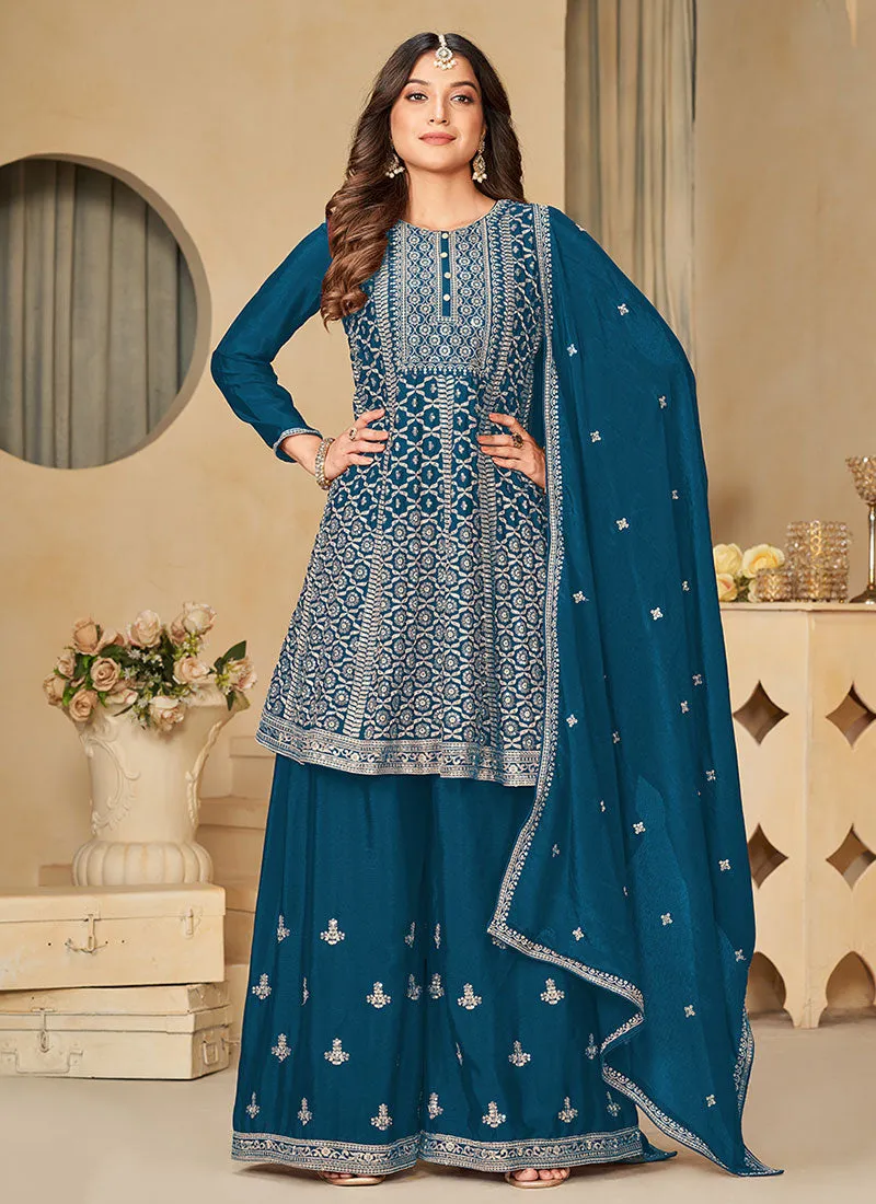 Royal Blue Reshamkari Embroidery Festive Palazzo Suit