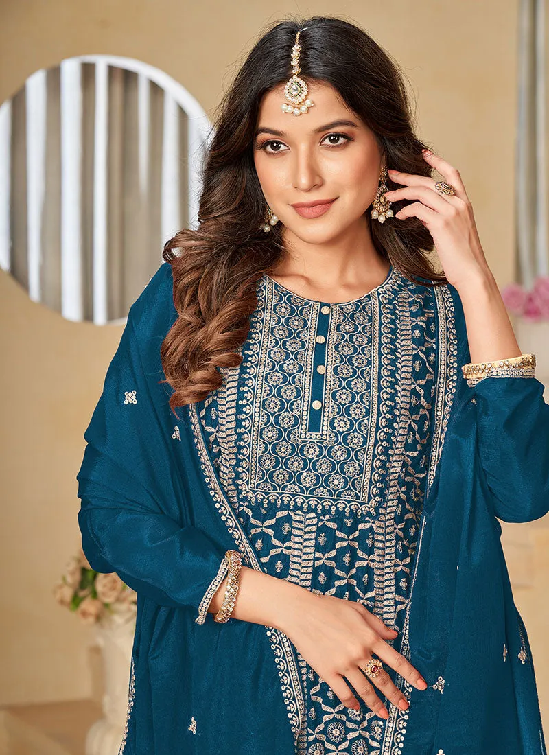 Royal Blue Reshamkari Embroidery Festive Palazzo Suit
