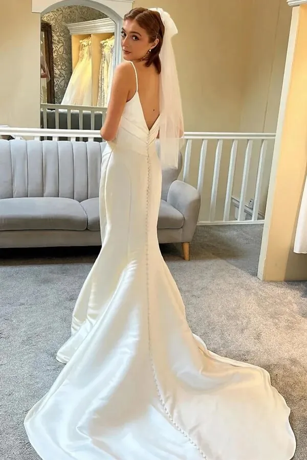 Roycebridal Ivory Mermaid Spaghetti Straps Backless Wedding Dress With Court Train, MW1010