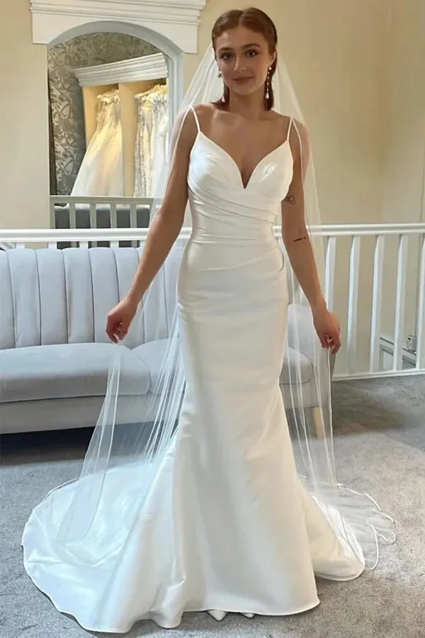 Roycebridal Ivory Mermaid Spaghetti Straps Backless Wedding Dress With Court Train, MW1010