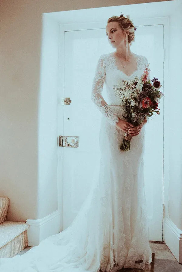 Roycebridal Mermaid Lace V-neck Long Sleeves Wedding Dresses With Sweep Train, MW774