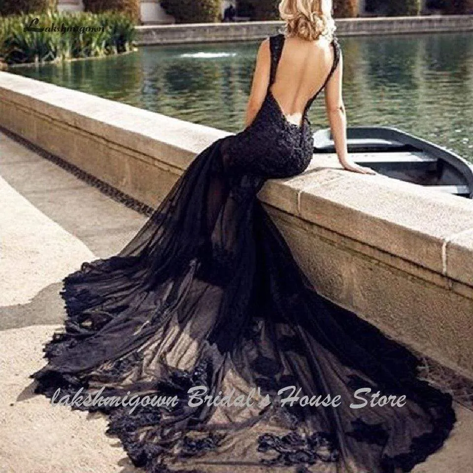 Roycebridal Sexy Black Wedding Dress Lace Mermaid Backless
