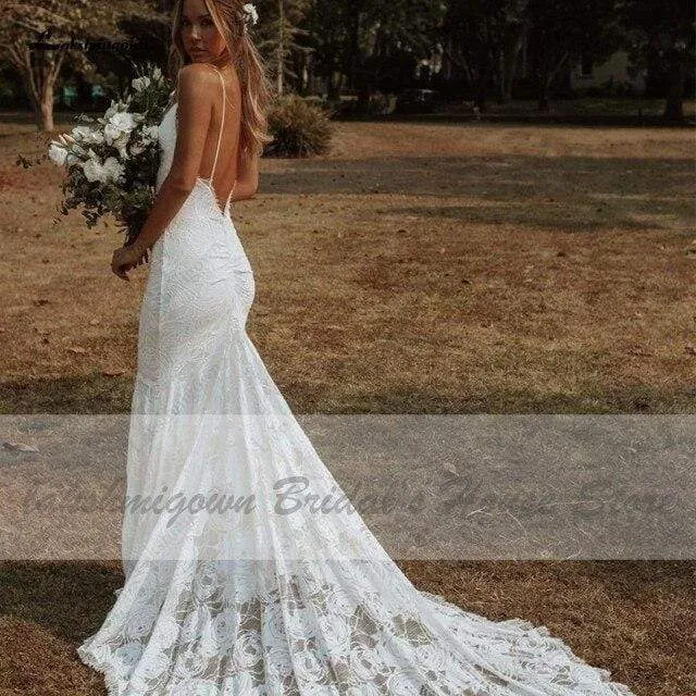 Roycebridal Vintage Lace Mermaid Dress Summer Wedding Dresses Open Back