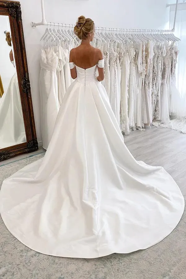 Satin Ball Gown Off-the-Shoulder Wedding Dresses With Court Train, MW906