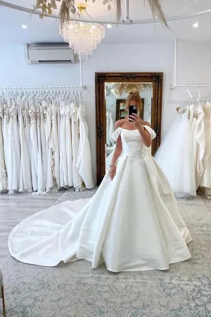 Satin Ball Gown Off-the-Shoulder Wedding Dresses With Court Train, MW906