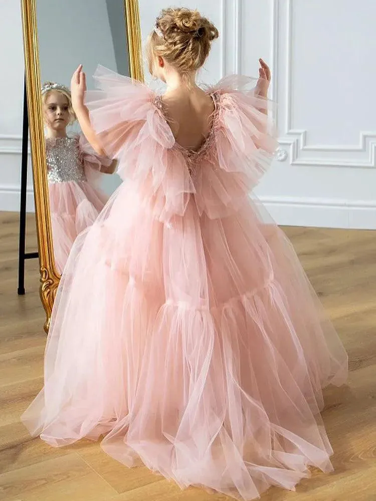 Sequin 3D Floral Knee-Length Flower Girl Dress