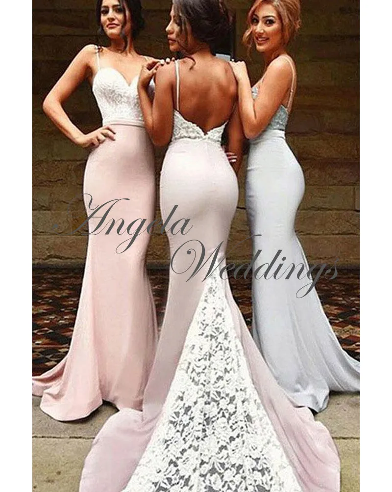 Sexy Mermaid Bridesmaid Dresses with Spaghetti Straps Sheer Lace Train