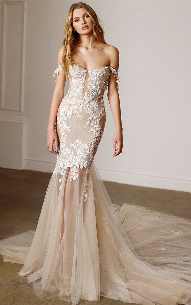 Sexy Mermaid Tulle Off-the-shoulder Wedding Dress with Appliques-716385
