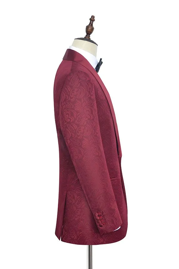 Sharp-looking Burgundy Jacquard One Button Silk Shawl Lapel Mens Suits for Wedding and Prom
