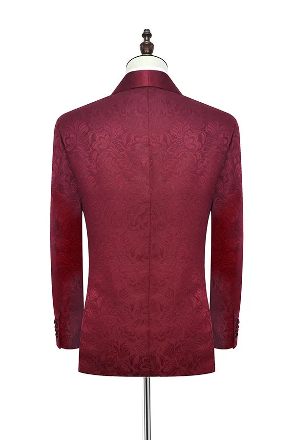 Sharp-looking Burgundy Jacquard One Button Silk Shawl Lapel Mens Suits for Wedding and Prom