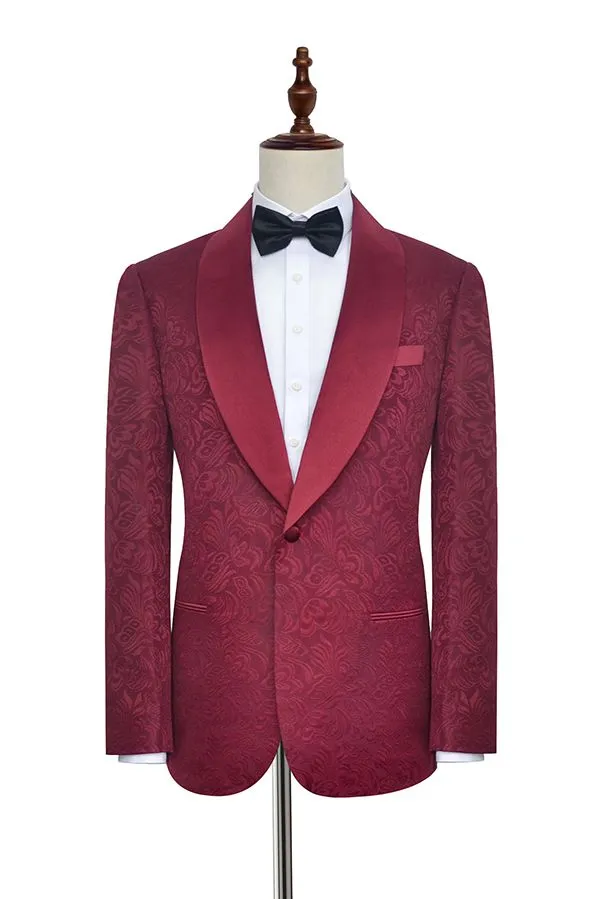 Sharp-looking Burgundy Jacquard One Button Silk Shawl Lapel Mens Suits for Wedding and Prom