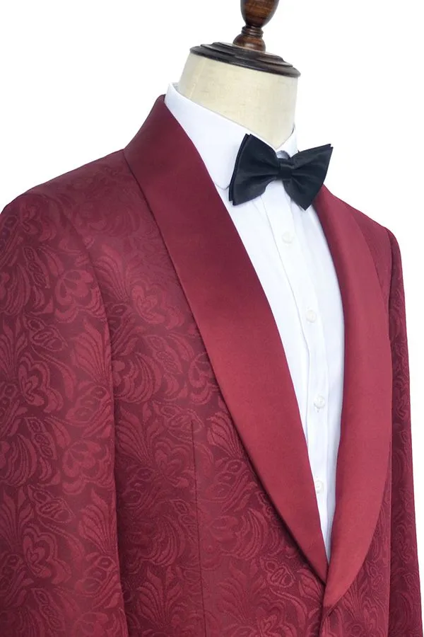 Sharp-looking Burgundy Jacquard One Button Silk Shawl Lapel Mens Suits for Wedding and Prom