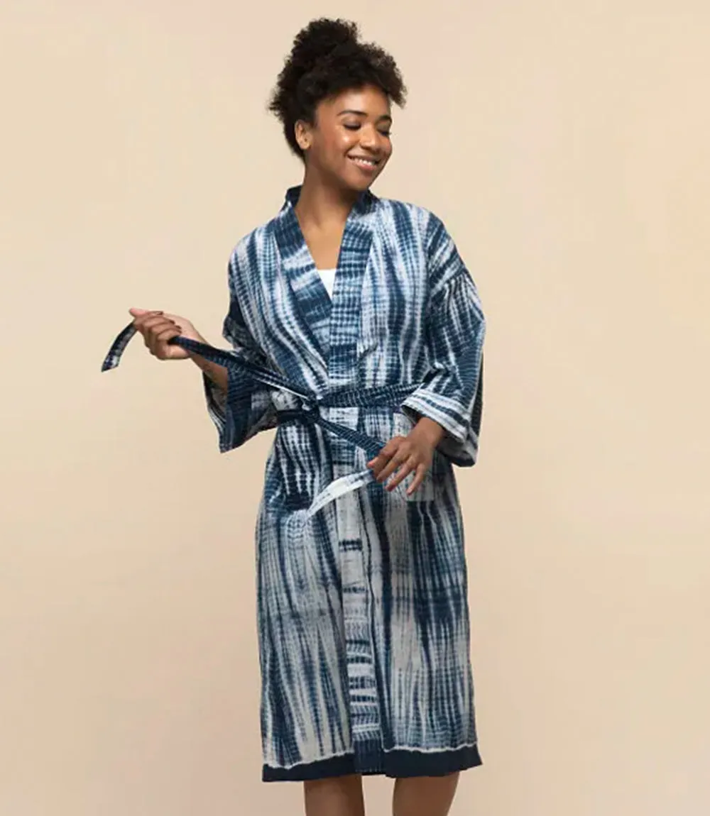 Shibori Tie Dye Kimono Robe - Indigo, White (One Size)