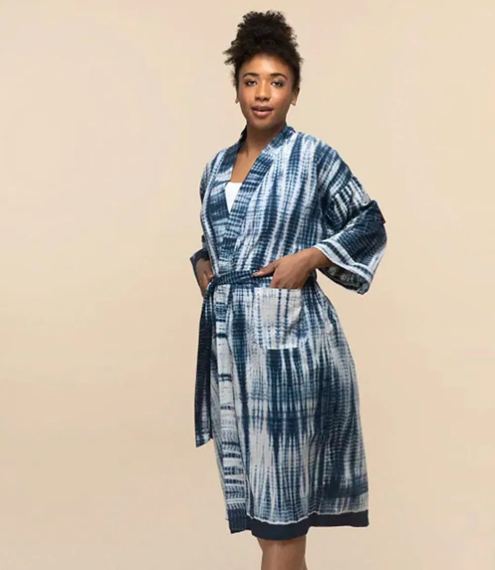Shibori Tie Dye Kimono Robe - Indigo, White (One Size)