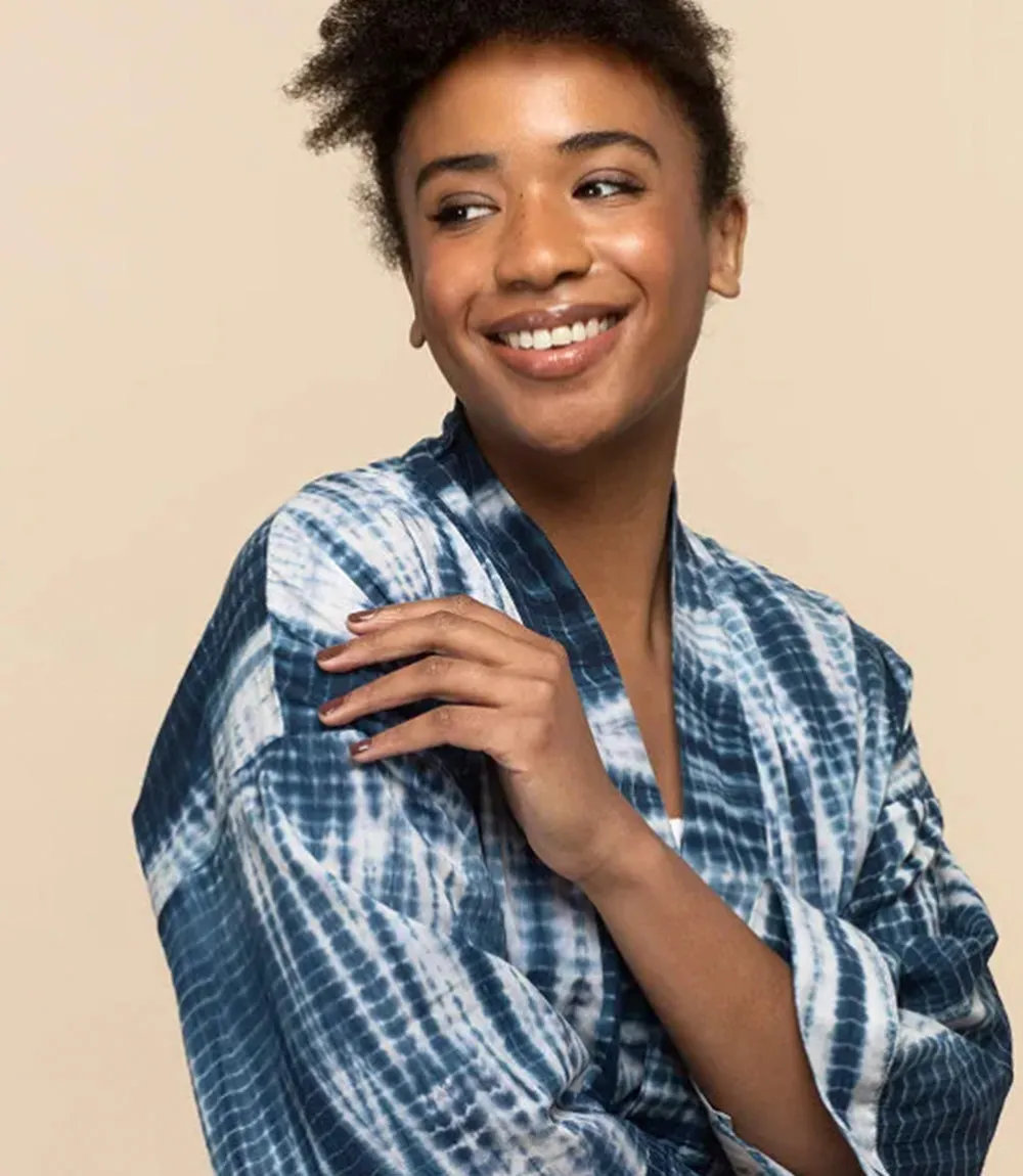 Shibori Tie Dye Kimono Robe - Indigo, White (One Size)