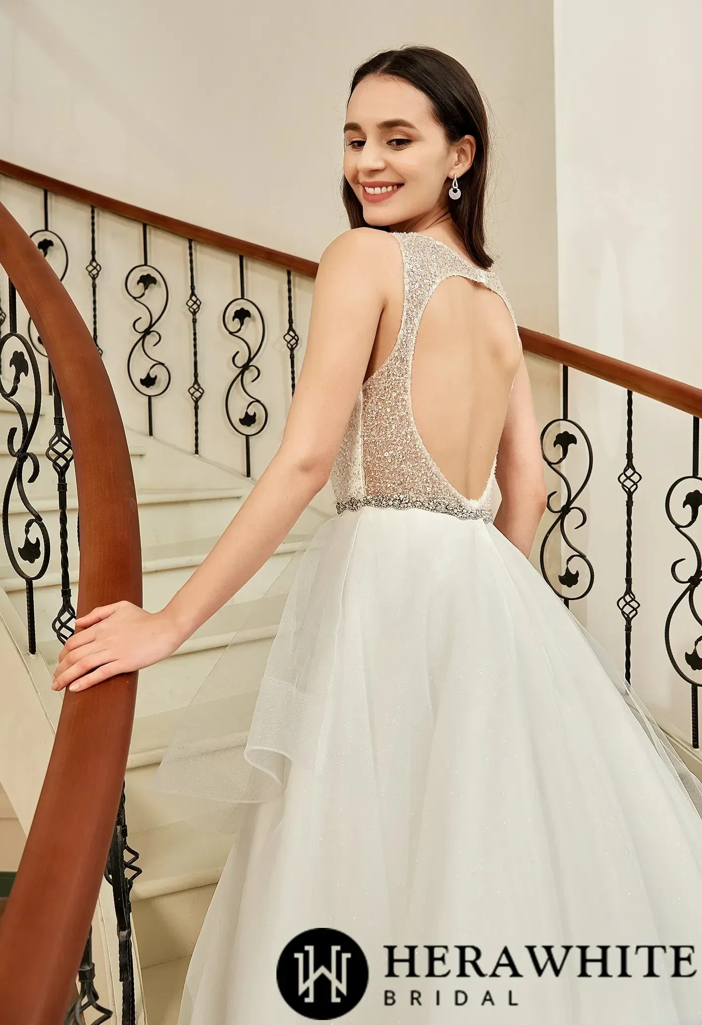 Shining Beaded Bodice Keyhole Back Ruffle Tulle Skirt Ball Gown