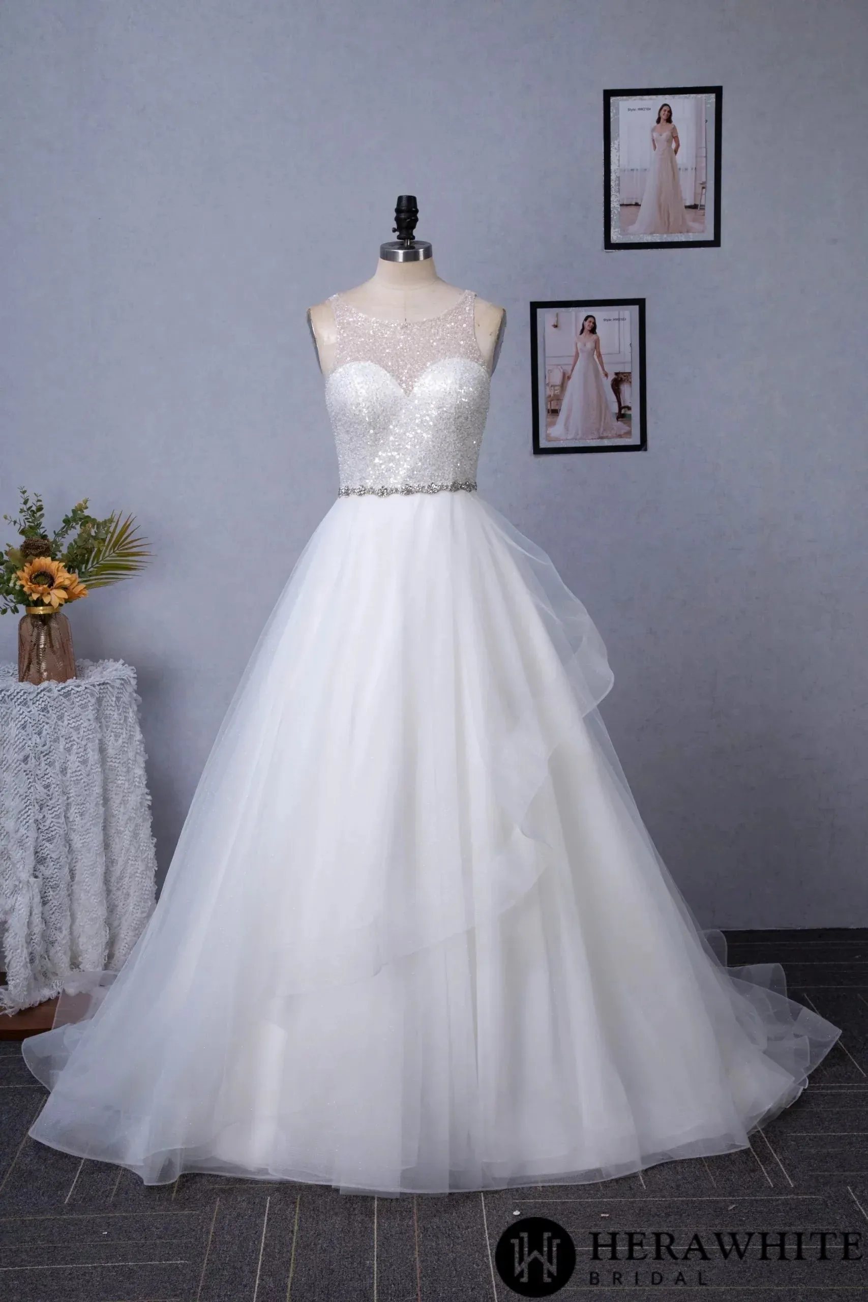 Shining Beaded Bodice Keyhole Back Ruffle Tulle Skirt Ball Gown
