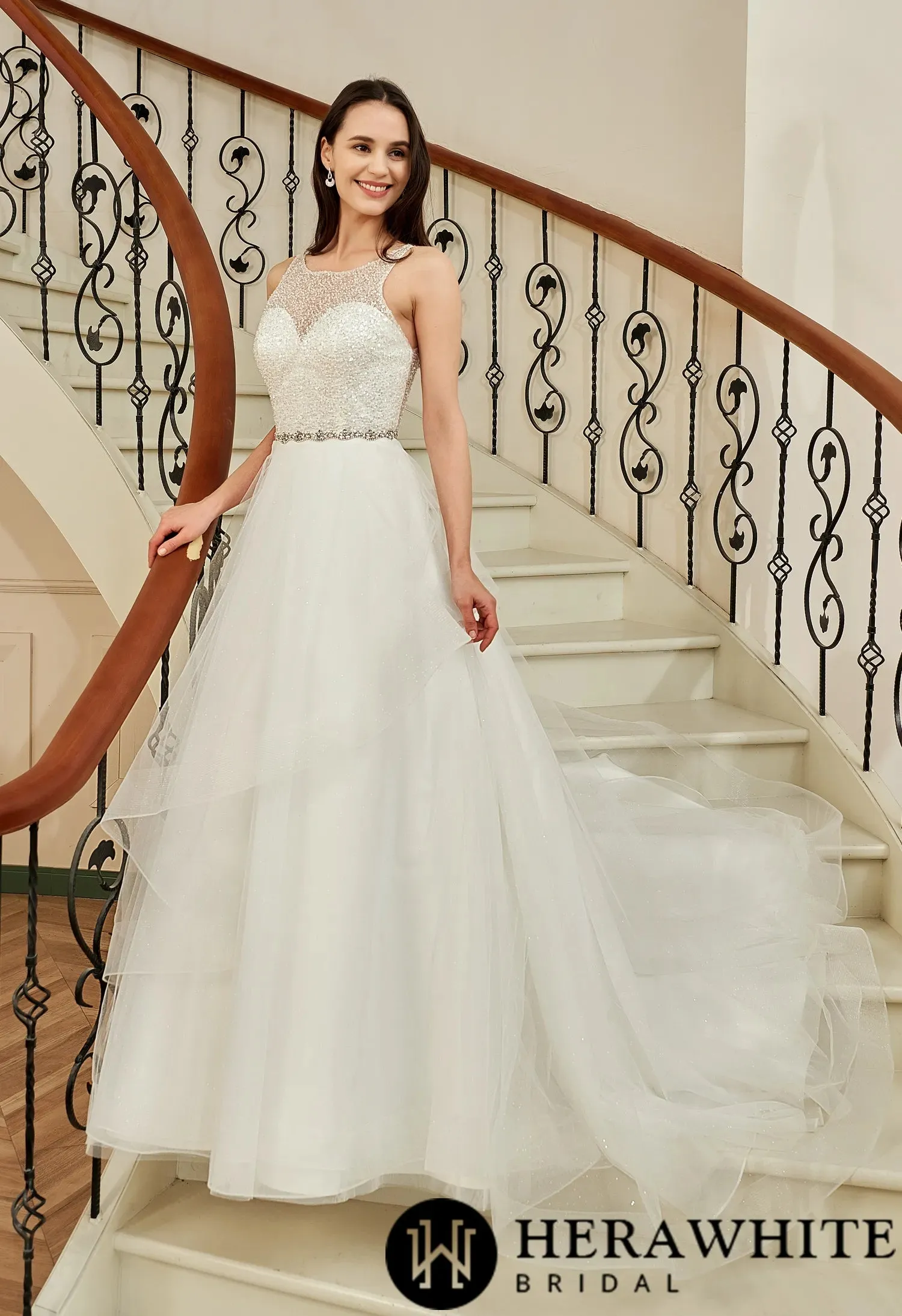 Shining Beaded Bodice Keyhole Back Ruffle Tulle Skirt Ball Gown
