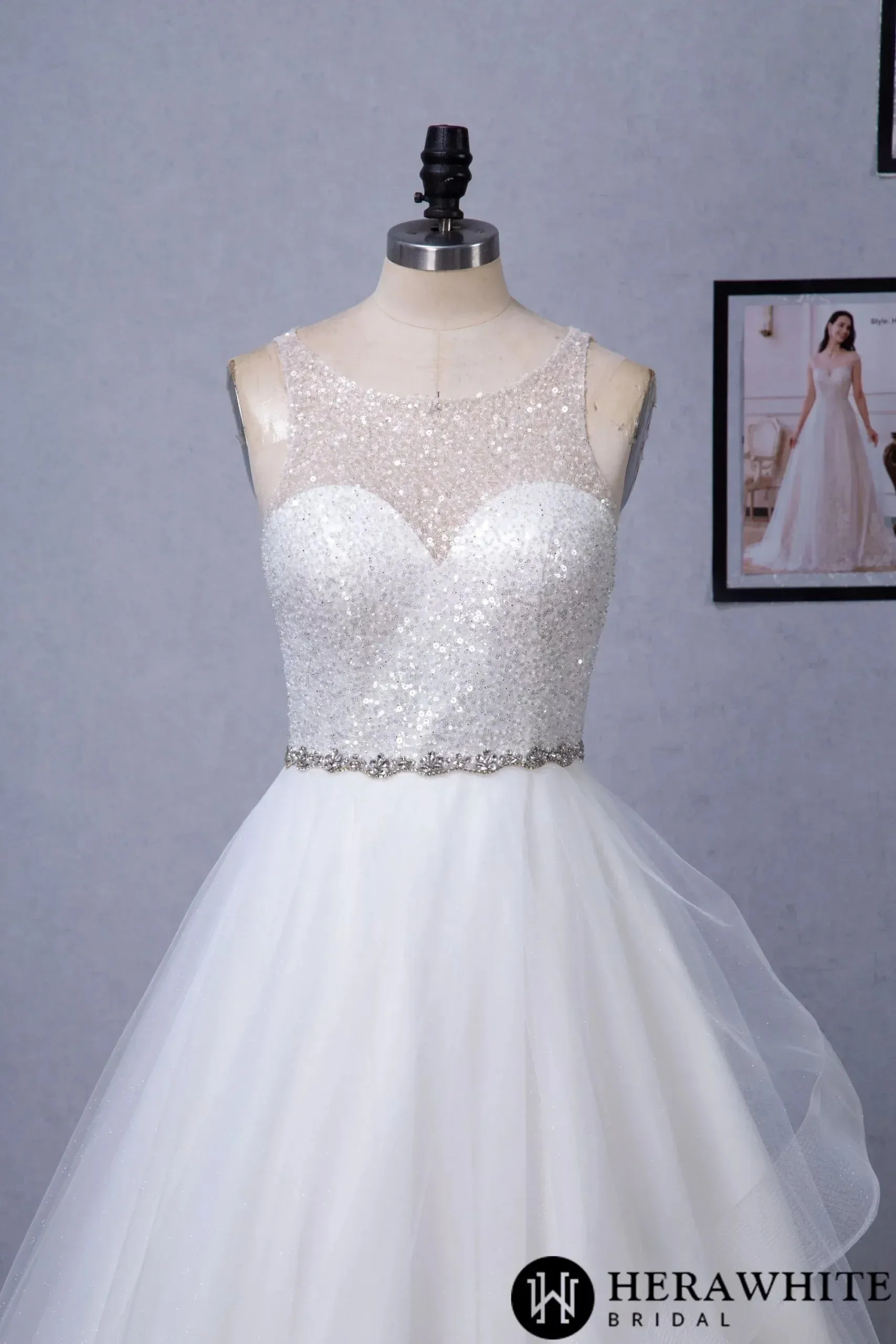 Shining Beaded Bodice Keyhole Back Ruffle Tulle Skirt Ball Gown