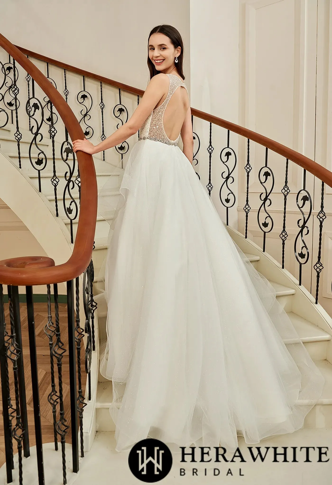 Shining Beaded Bodice Keyhole Back Ruffle Tulle Skirt Ball Gown