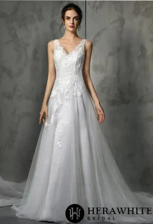 Shining V-Neck Wedding Dress With Long Tulle Train