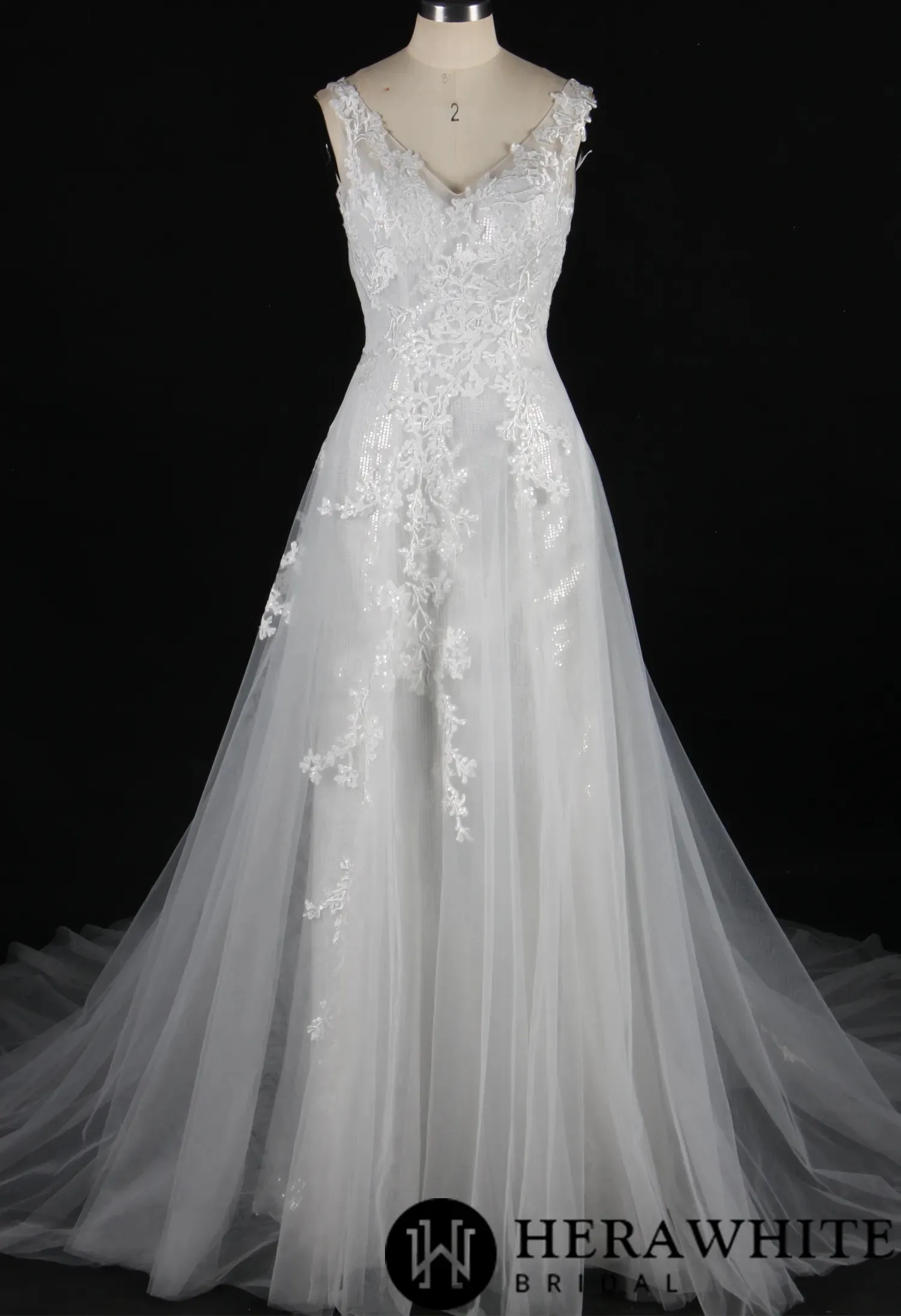 Shining V-Neck Wedding Dress With Long Tulle Train