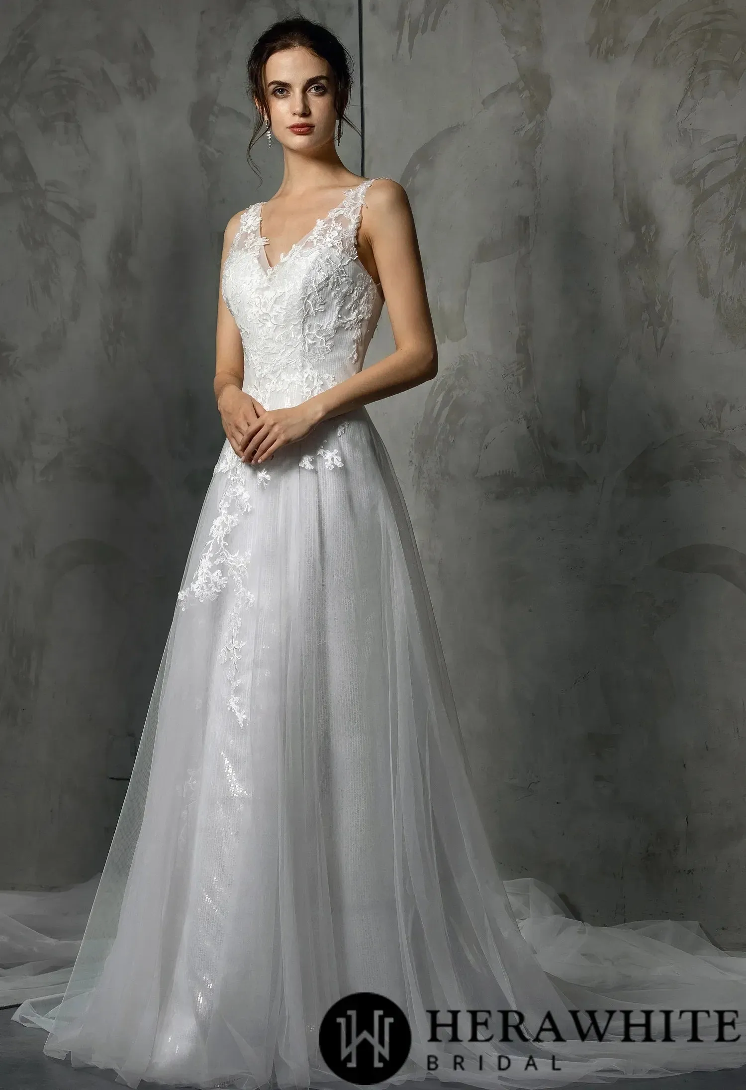 Shining V-Neck Wedding Dress With Long Tulle Train