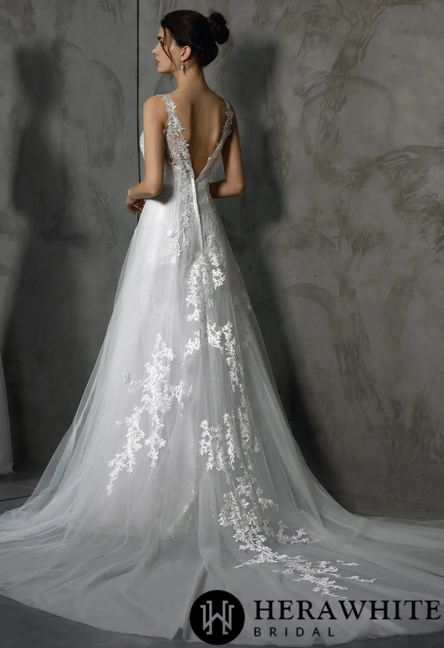 Shining V-Neck Wedding Dress With Long Tulle Train