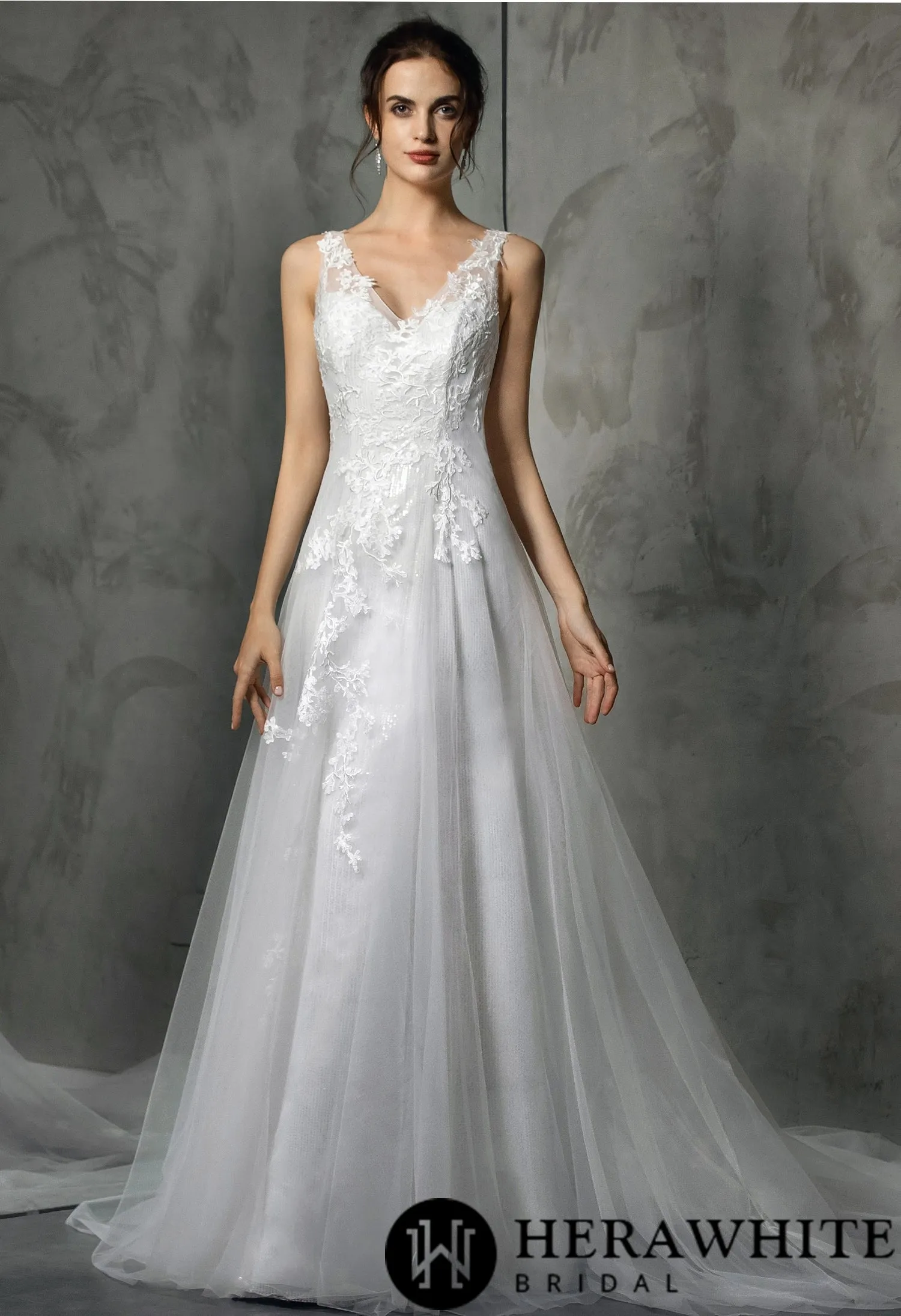 Shining V-Neck Wedding Dress With Long Tulle Train