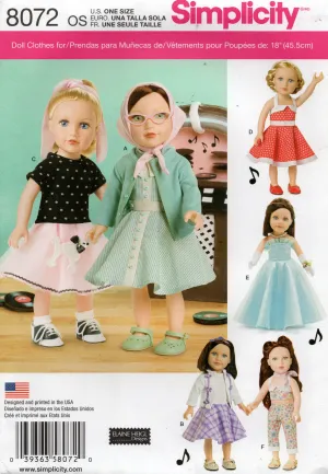 Simplicity 8072 RETRO Doll Wardrobe for 18 Inch Dolls Sewing Pattern UNCUT Factory Folded