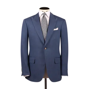 Single Breasted Peak Lapel Suit in Mid Blue Wool Linen