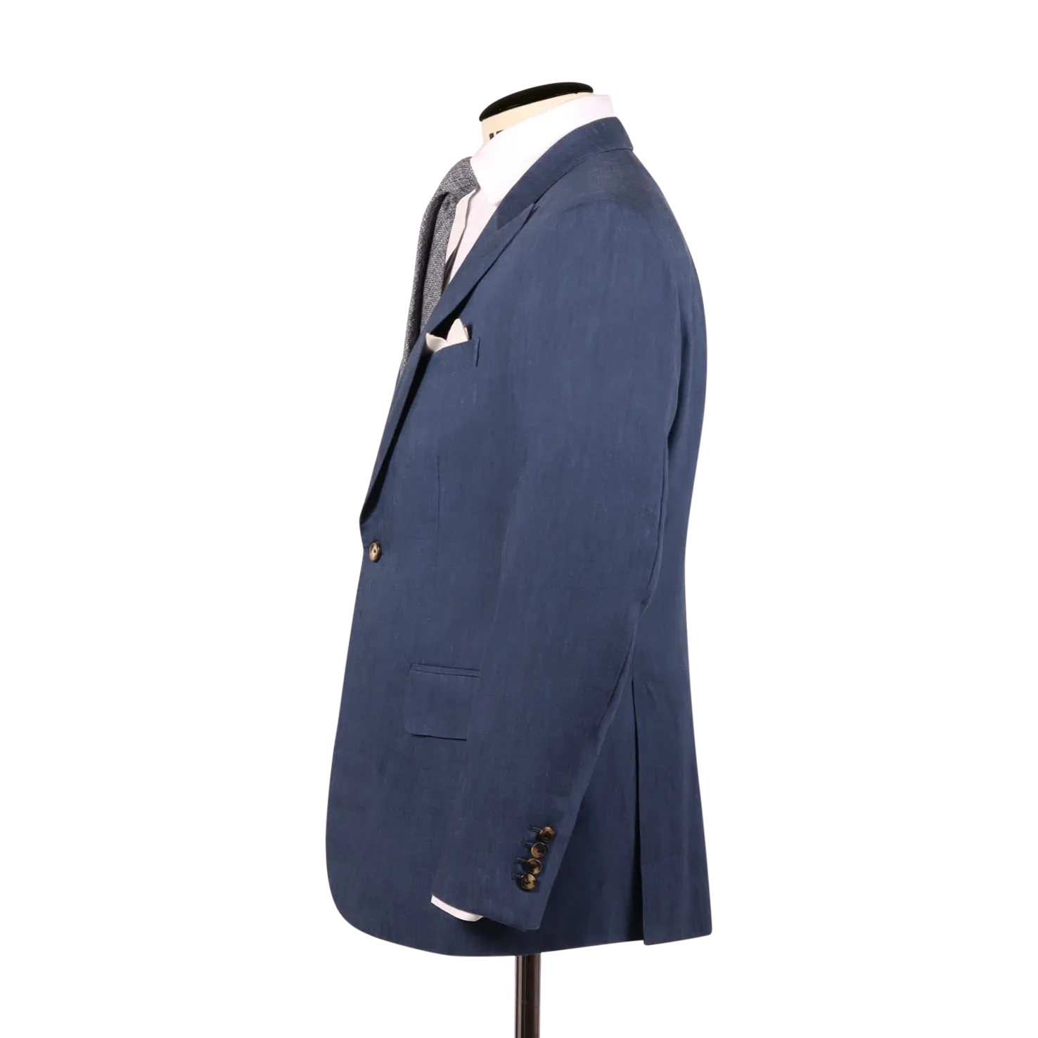 Single Breasted Peak Lapel Suit in Mid Blue Wool Linen