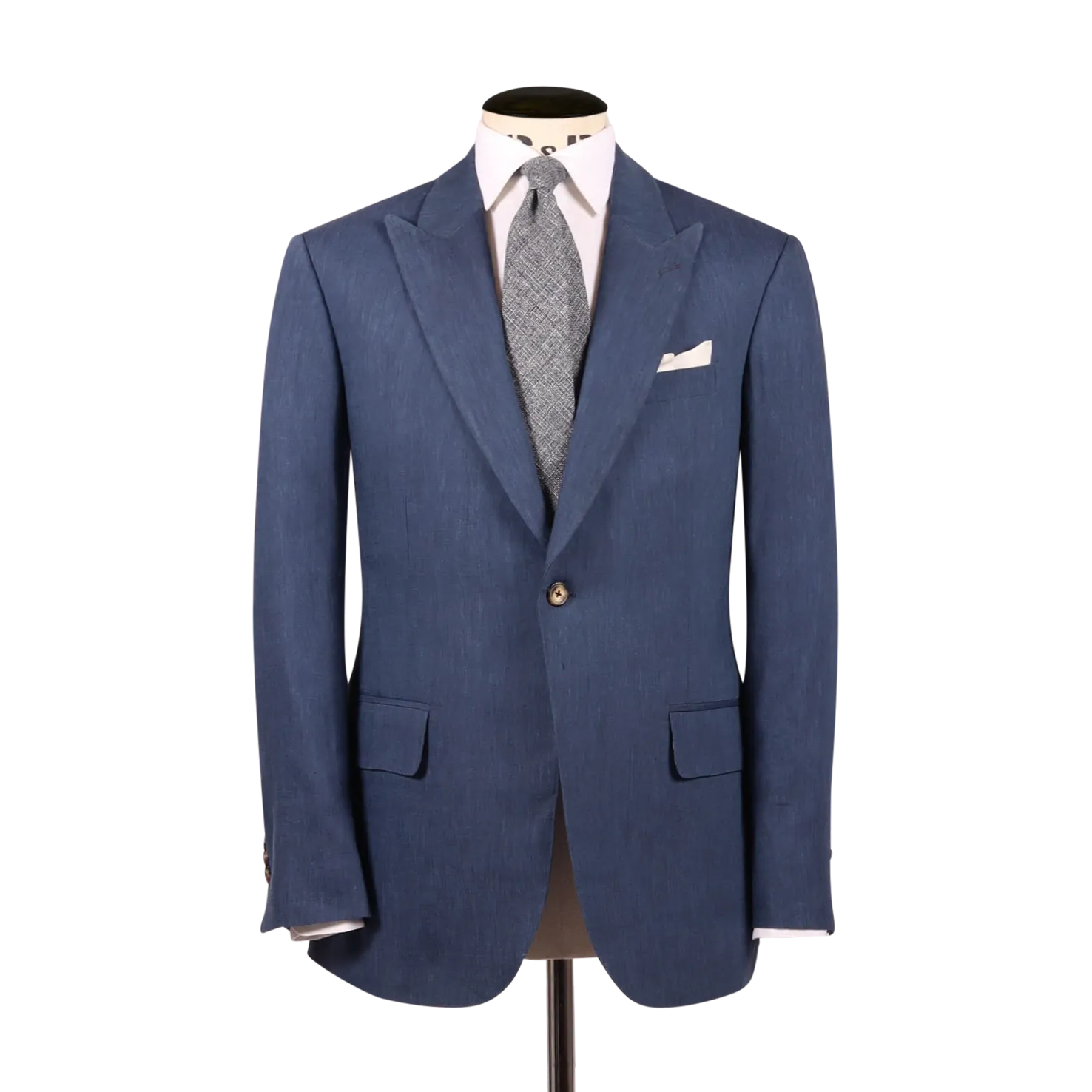 Single Breasted Peak Lapel Suit in Mid Blue Wool Linen
