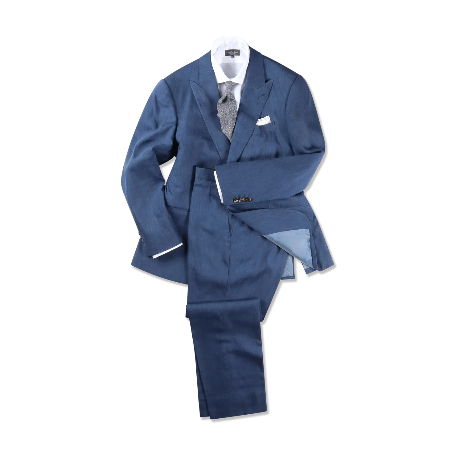 Single Breasted Peak Lapel Suit in Mid Blue Wool Linen