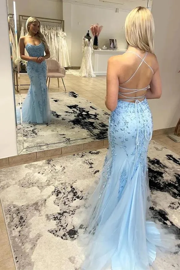 Sky Blue Tulle Mermaid Spaghetti Straps Long Prom Dresses With Lace, MP862