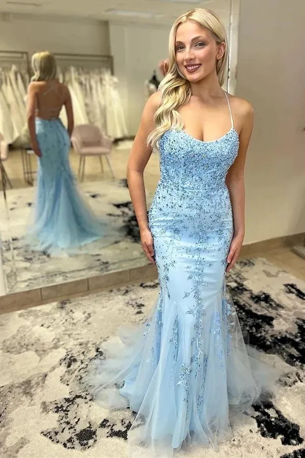 Sky Blue Tulle Mermaid Spaghetti Straps Long Prom Dresses With Lace, MP862