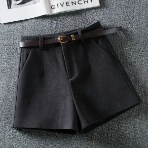 Solid Color High Waist Woolen Shorts