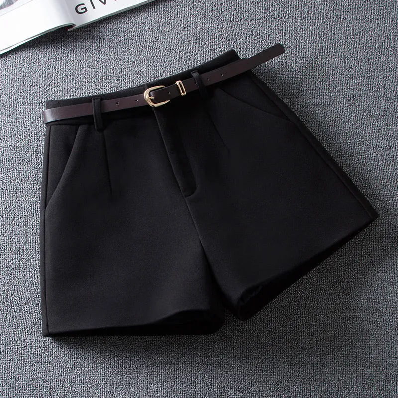 Solid Color High Waist Woolen Shorts