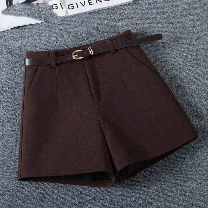 Solid Color High Waist Woolen Shorts